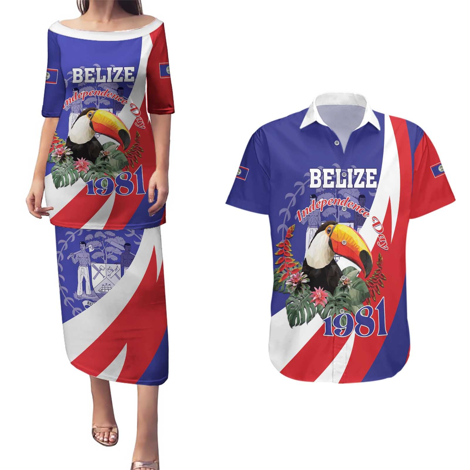 Belize Independence Day 1981 Couples Matching Puletasi and Hawaiian Shirt Bileez Keel Billed Toucan - Wonder Print Shop