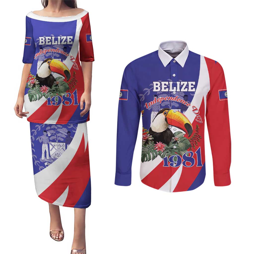 Belize Independence Day 1981 Couples Matching Puletasi and Long Sleeve Button Shirt Bileez Keel Billed Toucan - Wonder Print Shop