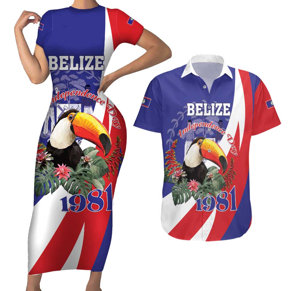 Belize Independence Day 1981 Couples Matching Short Sleeve Bodycon Dress and Hawaiian Shirt Bileez Keel Billed Toucan - Wonder Print Shop