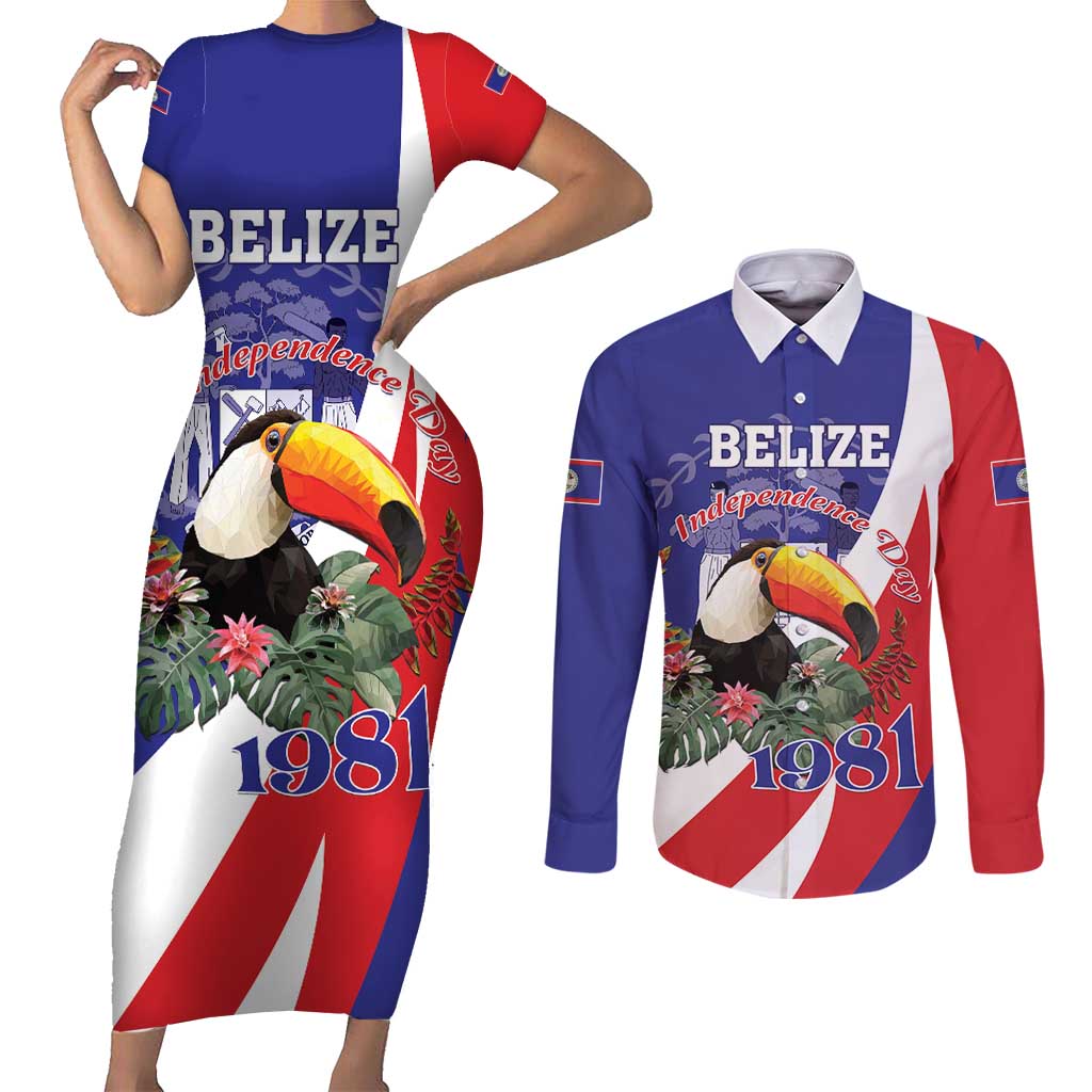 Belize Independence Day 1981 Couples Matching Short Sleeve Bodycon Dress and Long Sleeve Button Shirt Bileez Keel Billed Toucan - Wonder Print Shop