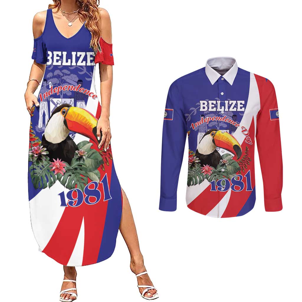 Belize Independence Day 1981 Couples Matching Summer Maxi Dress and Long Sleeve Button Shirt Bileez Keel Billed Toucan - Wonder Print Shop