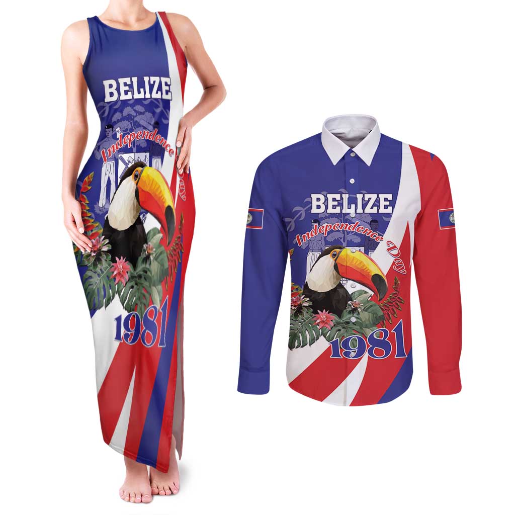 Belize Independence Day 1981 Couples Matching Tank Maxi Dress and Long Sleeve Button Shirt Bileez Keel Billed Toucan - Wonder Print Shop