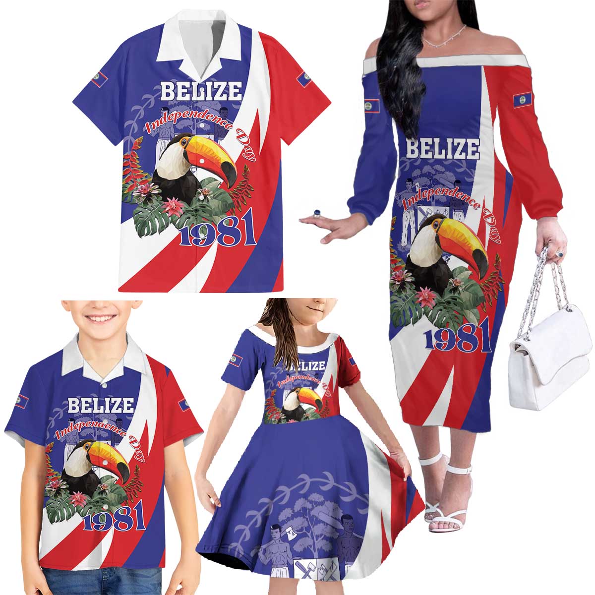 Belize Independence Day 1981 Family Matching Off The Shoulder Long Sleeve Dress and Hawaiian Shirt Bileez Keel Billed Toucan - Wonder Print Shop