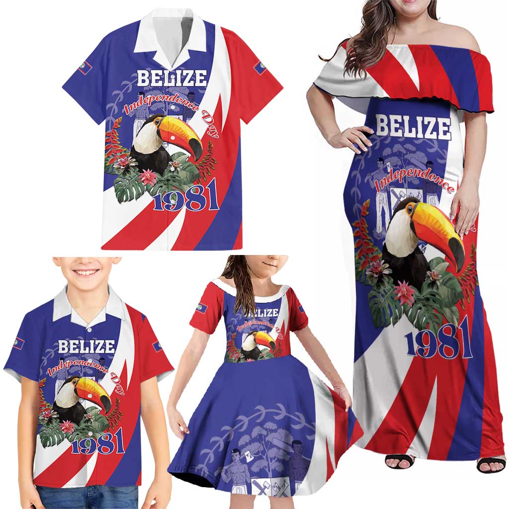 Belize Independence Day 1981 Family Matching Off Shoulder Maxi Dress and Hawaiian Shirt Bileez Keel Billed Toucan - Wonder Print Shop