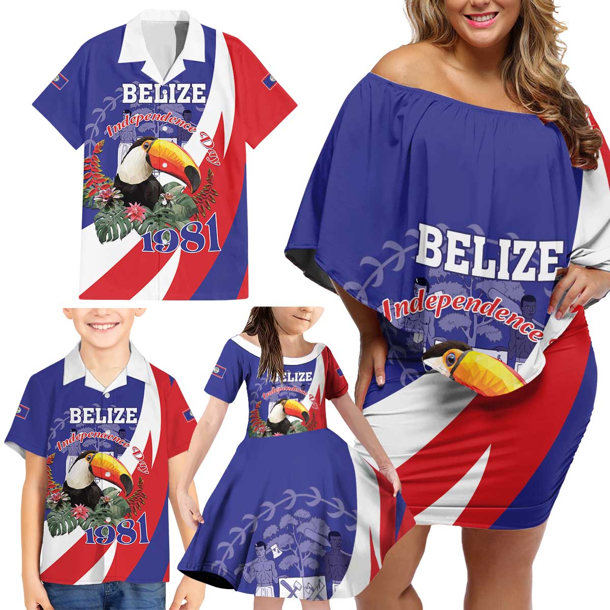 Belize Independence Day 1981 Family Matching Off Shoulder Short Dress and Hawaiian Shirt Bileez Keel Billed Toucan - Wonder Print Shop