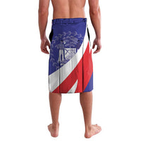 Blue knee-length shorts with elastic waistband and tie, red white stripes and flag graphic