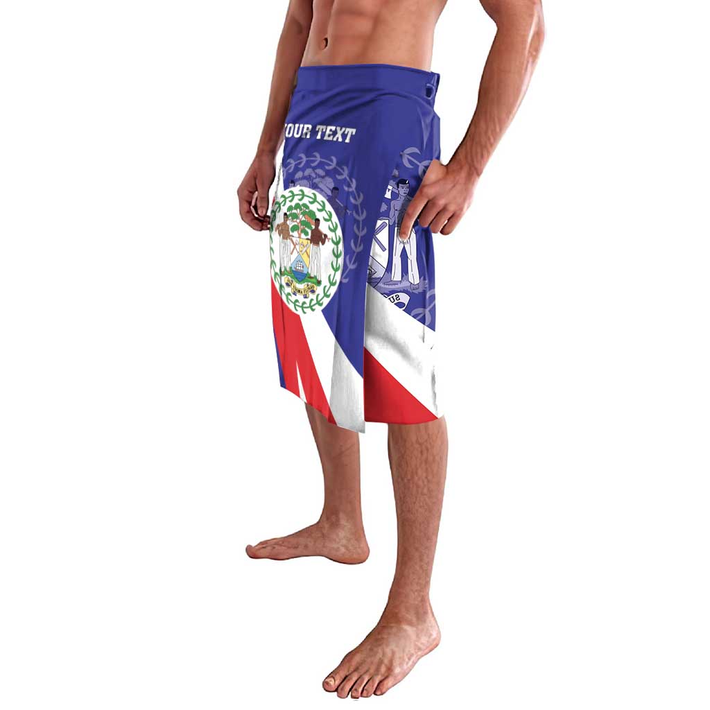 Blue shorts with elastic waistband and drawstring, Belize seal over red white stripes