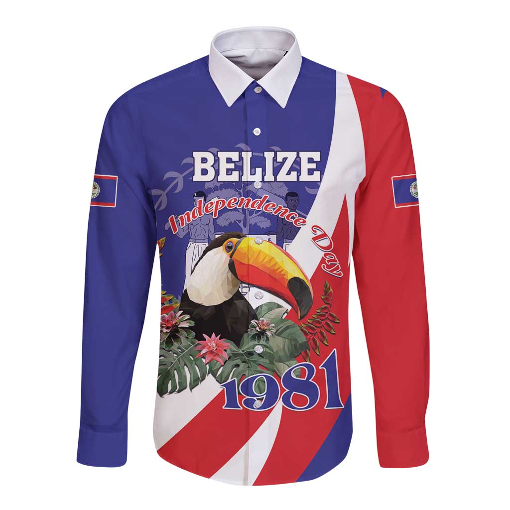 Unisex long-sleeve button shirt with Belize-style graphic on front, blue red white