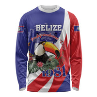Unisex long-sleeve shirt, blue with red/white diagonal panel, toucan and 'Belize 1981' print