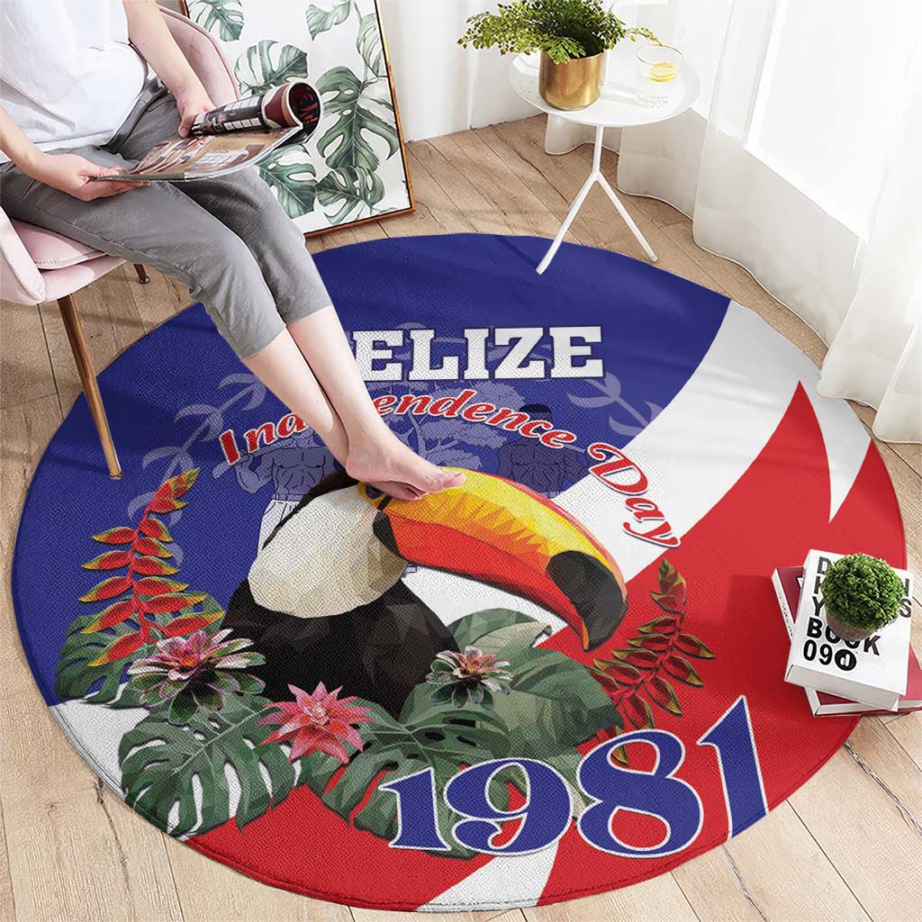 Round blue round carpet with toucan and tropical leaves, red/white 1981 design