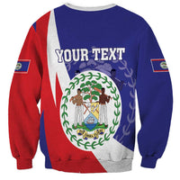 Unisex blue sweatshirt with red sleeves and YOUR TEXT back crest graphic