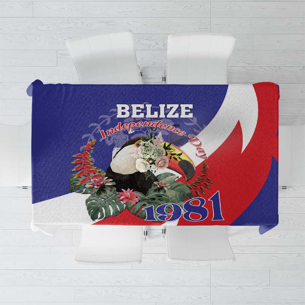 Blue and red Belize independence 1981 tablecloth with toucan and printed emblems