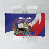 Blue and red Belize independence 1981 tablecloth with toucan and printed emblems