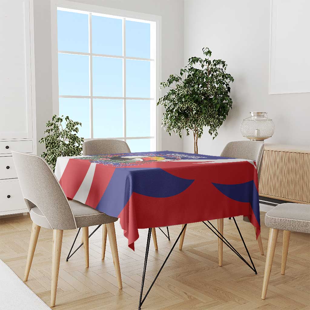 Blue and red tablecloth with white diagonal design on dining table