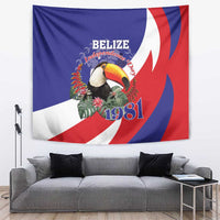 Blue Belize independence tapestry with toucan and 1981, red and white wave stripes