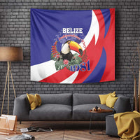 Blue Belize independence tapestry featuring a toucan, 1981 text, and red-white wave design