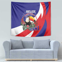 Blue Belize independence tapestry showing toucan, 1981 lettering, and red-white wave accents