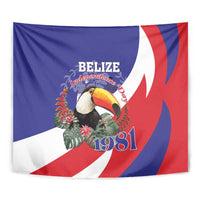 Close-up Belize independence tapestry with toucan, 1981, and red-white wave stripes
