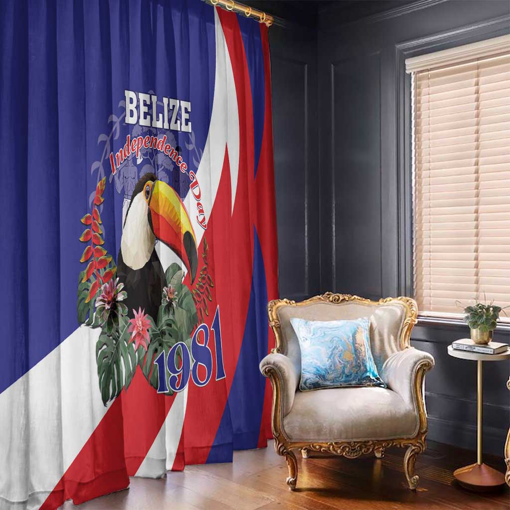 Blue and red curtain panel with toucan artwork and Belize Independence lettering, 1981