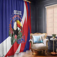Blue and red curtain panel with toucan artwork and Belize Independence lettering, 1981