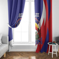 Blue and red curtain panel with toucan print, Belize Independence text, and 1981