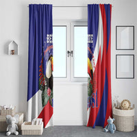 Pair of blue and red window curtains with toucan artwork, Belize Independence, 1981