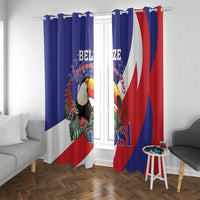 Curtain set in blue, red, and white with toucan print, Belize Independence, and 1981