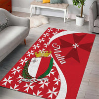 Red Malta area rug with Malta text, shield emblem, star pattern, white border