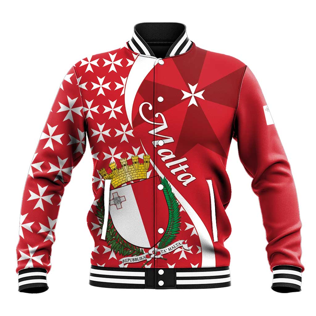 Red baseball varsity jacket with white Malta cross and geometric star patterns, snap buttons