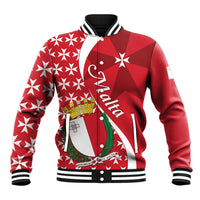 Red baseball varsity jacket with white Malta cross and geometric star patterns, snap buttons