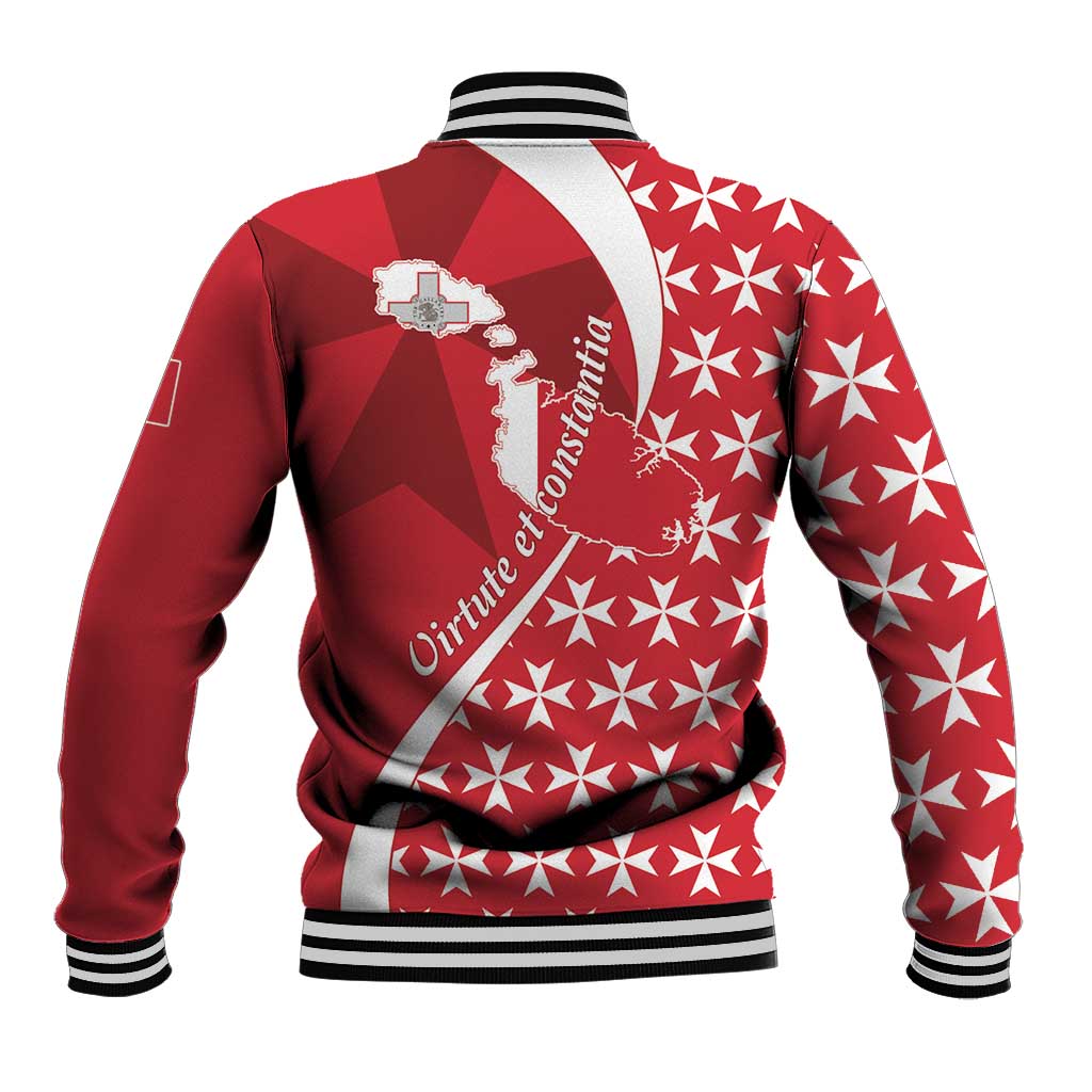 Red baseball varsity jacket back with Malta cross emblem, white starburst pattern, striped cuffs