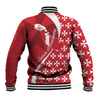 Red baseball varsity jacket back with Malta cross emblem, white starburst pattern, striped cuffs