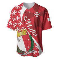 Red baseball jersey with white diagonal stripe, Maltese cross, and star motif