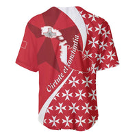 Red baseball jersey with white Maltese cross, curved stripe, and star pattern