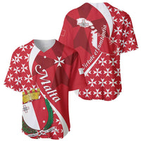 Red baseball jersey with white Maltese cross and geometric star pattern