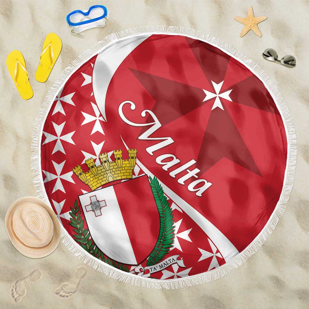 Round red beach blanket with Malta Cross and crest shield pattern, white fringe edge