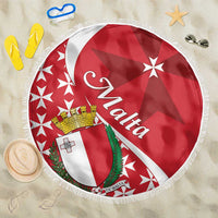 Round red beach blanket with Malta Cross and crest shield pattern, white fringe edge