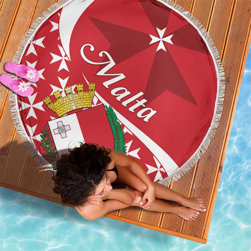 Red round Malta-themed beach blanket with crest, shield, and star border, white fringe