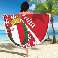 Round red beach blanket with large crest shield and Malta Cross, white fringe border
