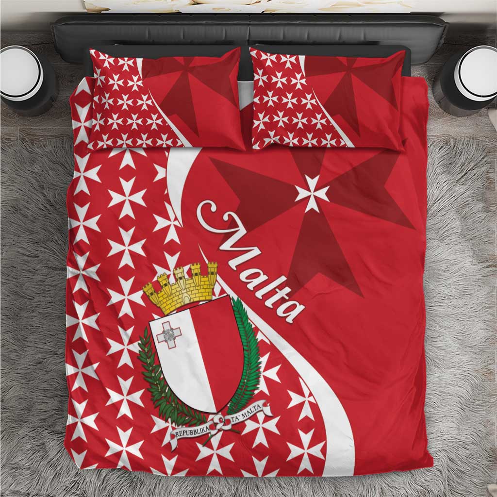 Red bedding set with Malta crest and Maltese cross star pattern, with matching pillowcases
