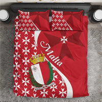 Red bedding set with Malta crest and Maltese cross star pattern, with matching pillowcases