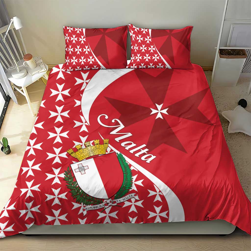 Red bedding set featuring Malta crest and Maltese cross star pattern, with coordinated pillowcases