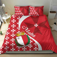 Red bedding set featuring Malta crest and Maltese cross star pattern, with coordinated pillowcases