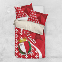 Red bedding set with Malta crest, Maltese cross star pattern, and two matching pillowcases