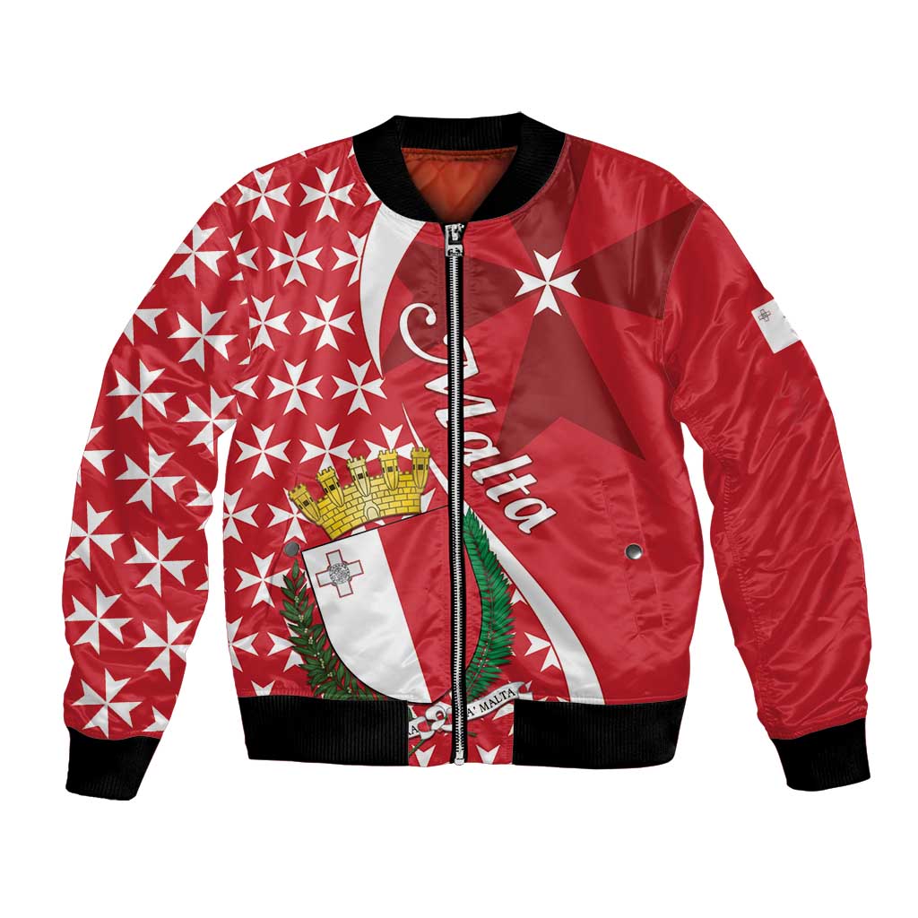 Red bomber jacket with Malta cross patch and geometric star pattern, front zip-up