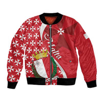 Red bomber jacket with Malta cross patch and geometric star pattern, front zip-up