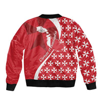 Red bomber jacket back view with Malta cross graphic and white star pattern