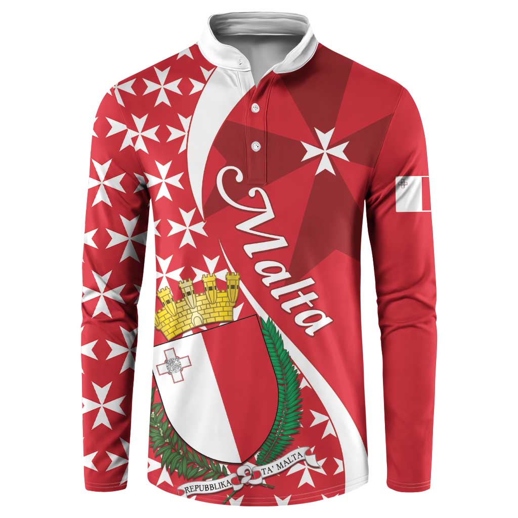Red button sweatshirt with Malta cross pattern, long sleeves, and front placket