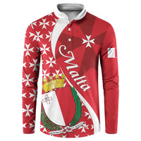 Red button sweatshirt with Malta cross pattern, long sleeves, and front placket