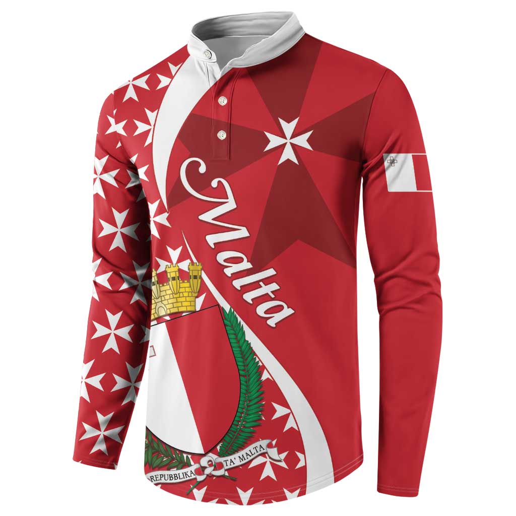 Red button sweatshirt with Malta cross pattern, long sleeves, and chest graphic